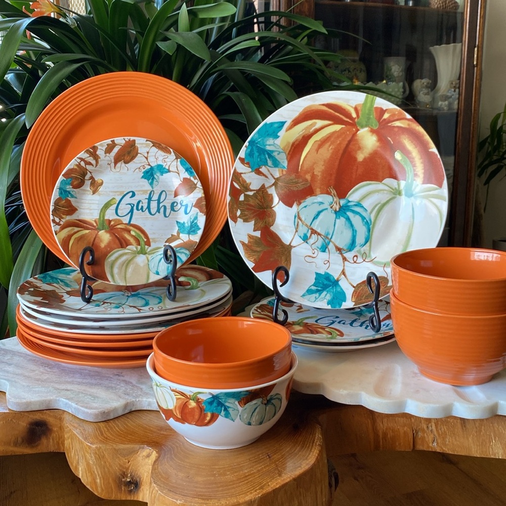 16 Piece Royal Norfolk Autumn Pumpkin + Orange Dishes - Thanksgiving Dinner Set